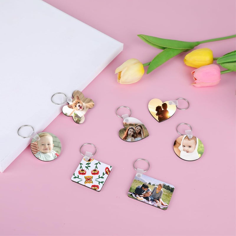 NEOACT 135Pcs Sublimation Keychain Blanks Bulk,MDF Keychain Double Sided Heat Transfer Keychain Board with Film,Key Rings, Plastic Retaining Clips for DIY and Craft(Round, Rectangle, Bone, Square, Heart) - Image 4